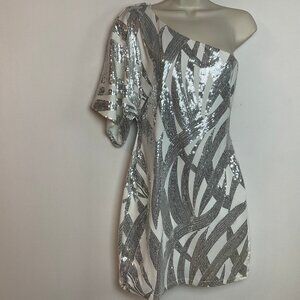 B DARLIN event cocktail dress silver white *Slight Stretch* Sz 11/12 may fit 9